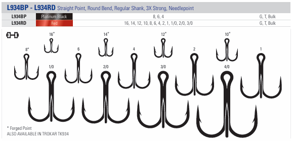 L934RD Lazer Sharp 3X Treble Hook, Regular Shank, Round Bend